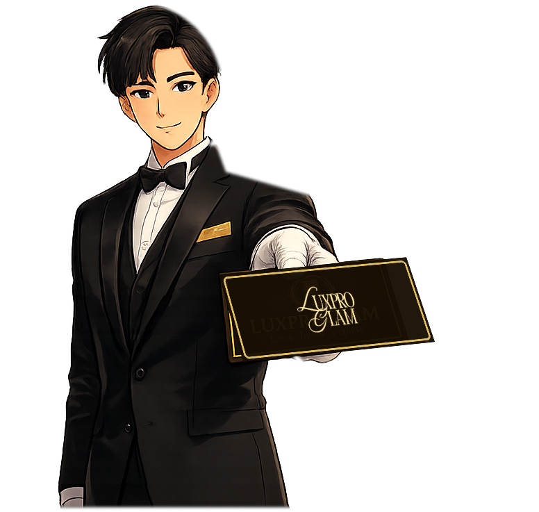 luxpro.glam mascot ยื่นนามบัตรสำหรับติดต่อ
